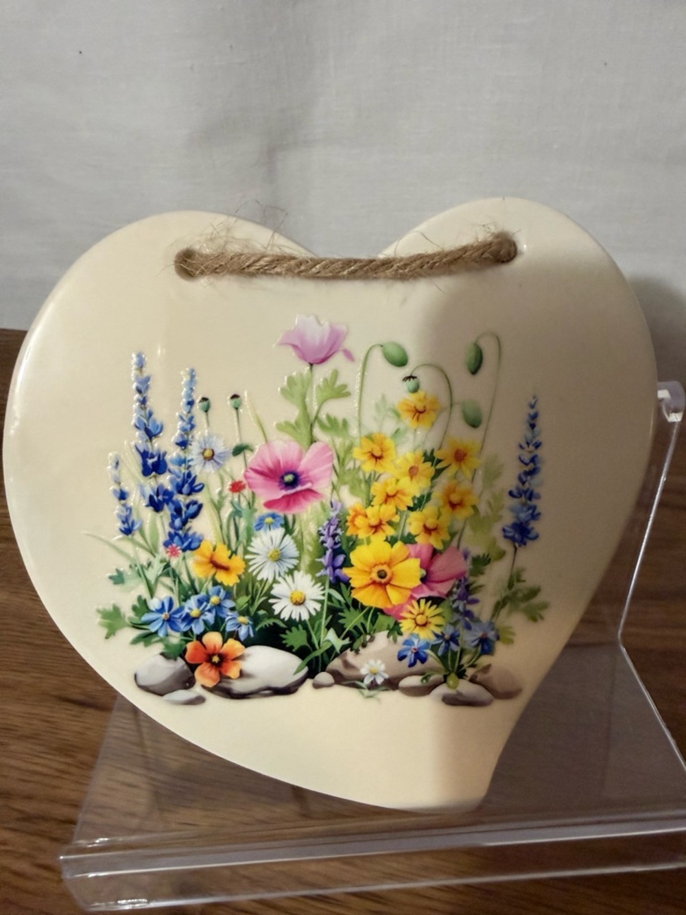 Cream Heart Floral Wall Art Plaque with Jute Hanger